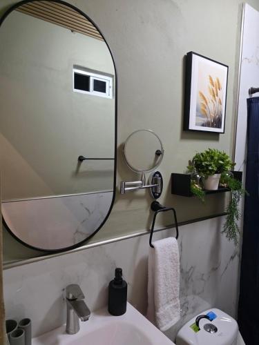 a bathroom with a mirror and a sink at Confort en La Unión in La Unión
