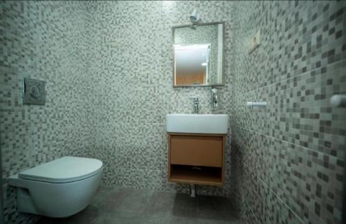 une salle de bains avec toilettes, lavabo et miroir dans l'établissement Gоderdzi Twins Hotel, à Goderdzi