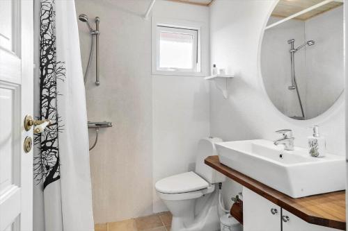 een badkamer met een wastafel, een toilet en een spiegel bij LF11171-Struer-Klintevej-14 in Struer