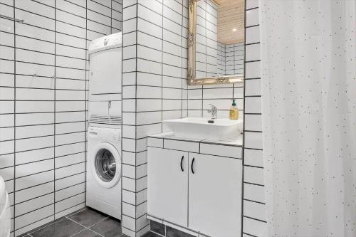 un bagno con lavatrice e lavandino di LF10202-Thyholm-Markvejen-2 a Thyholm