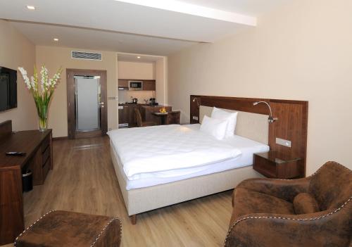 奧帕瓦的住宿－Hotel Kramer，一间卧室配有一张床、一张沙发和一把椅子