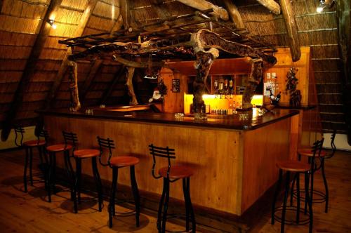 un bar con taburetes en el mostrador de una habitación en Bushbaby Lodge & Camping, en Hluhluwe