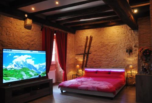 a bedroom with a bed and a flat screen tv at Chez Stephanie in Châteauroux
