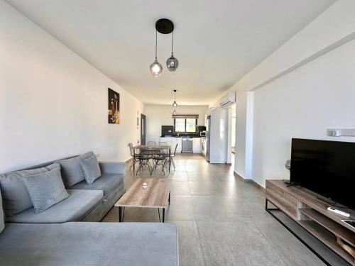 een woonkamer met een bank en een flatscreen-tv bij Retreat, block A2, unit 1 in Ayios Nikolaos