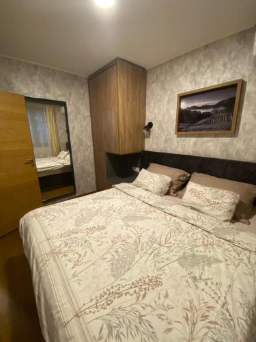 a bedroom with a large bed and a mirror at Pine Residence Zlatibor in Zlatibor