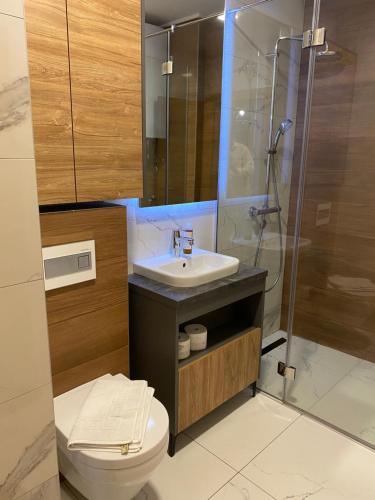 a bathroom with a toilet and a sink and a shower at Pine Residence Zlatibor in Zlatibor
