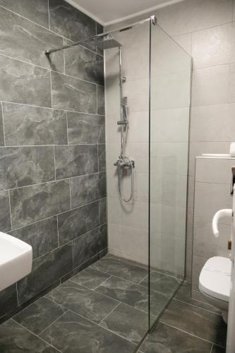 a bathroom with a glass shower with a toilet at Casa Frent in Predeal