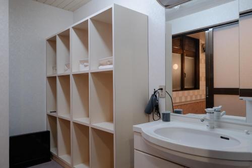 een badkamer met een wastafel en een spiegel bij SLEEEP JP Myoko in Myoko