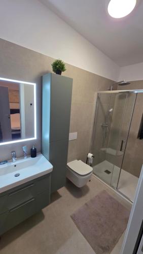 a bathroom with a sink toilet and a shower at Forest Edge Lake House in Desmerice