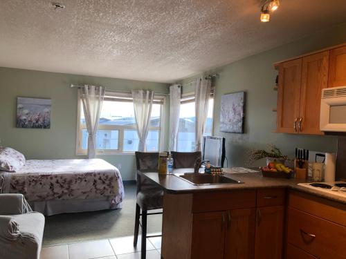 a kitchen with a bed and a sink in a room at Eagles Nest Lodging in Hinton