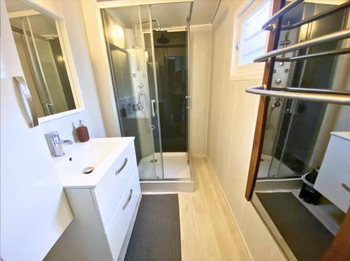 a bathroom with a shower and a sink and a mirror at Appartement plein centre wifi terrasse in Avignon