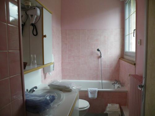 a pink bathroom with a toilet and a tub and a sink at La Renaudière in Chenonceaux