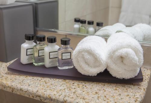 a bathroom counter with two bottles of soap and towels at The Kensington Hotel in Ann Arbor