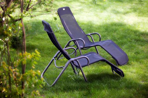 a blue lawn chair sitting in the grass at Hotel Restaurant Anna in Schnelldorf