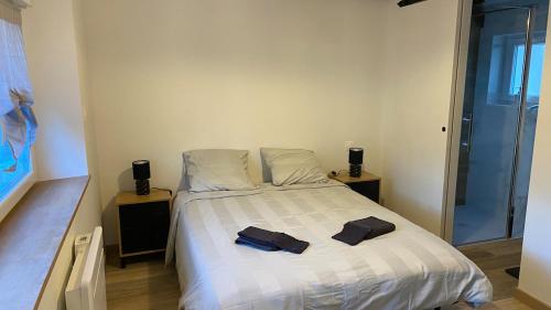 a bedroom with a bed with two towels on it at Charmante maison in Pleumeleuc