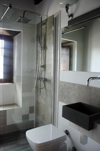 a bathroom with a shower and a toilet and a sink at L'Incanto di Civita in Bagnoregio