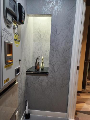 een badkamer met een douche en een muur bij ホテルメイプル in Odate