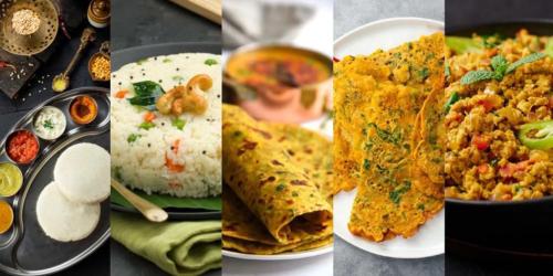 un groupe de quatre images de différents types de denrées alimentaires dans l'établissement Trisara Boutique Stay, à Mysore