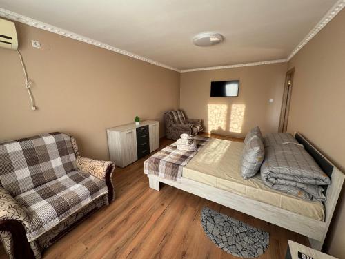 een woonkamer met een bed en een bank bij Panorama Spa Apartment in Berehove