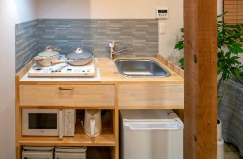 a small kitchen with a sink and a microwave at Room Inn Lu Lu Lu 横浜中華街 Room1-A in Yokohama