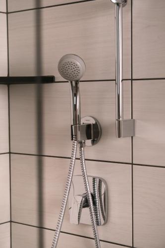 a shower in a bathroom with a blow dryer at Apartma Dreamscape in Radovljica