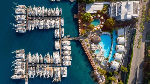 an overhead view of a marina filled with yachts at Yacht Classic Hotel - Boutique Class in Fethiye