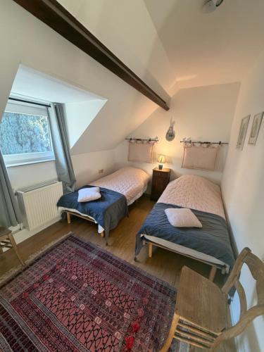 twee bedden op een zolderkamer met een kleed bij Les 3 chapeaux Dinant 6p Les canotiers 4p avec terrasse Le melon 2p SANS terrasse in Dinant
