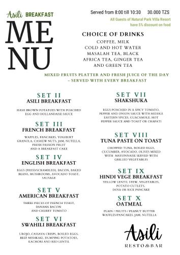 ein Satz Schriftarten für eine Restaurantkarte in der Unterkunft Natural Park Villa Resort in Pingwe