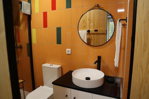 een badkamer met een wastafel en een spiegel bij MedronHouse - Casa de Campo in Vasco Esteves de Baixo