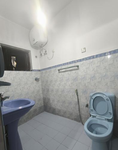 łazienka z niebieską toaletą i umywalką w obiekcie Glenfall Guest w mieście Nuwara Eliya