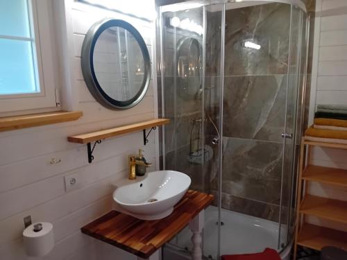 a bathroom with a sink and a shower at Black&White-Cherry in Kołczewo