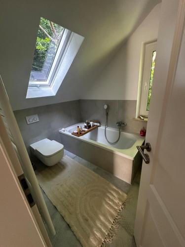 a bathroom with a toilet and a bath tub and a window at Waldhaus in Affing