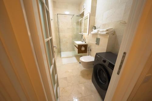 een badkamer met een douche, een toilet en een wasmachine bij Royal Luxury Suit in Iaşi