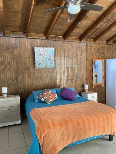 a bedroom with a bed and a ceiling fan at Loft Tongoy 2 Interior sin vista al mar in Tongoy