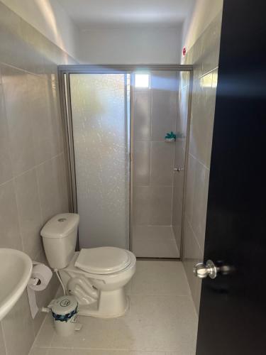 een witte badkamer met toilet en douche bij Apartamentos King Arthur in Punta Seca