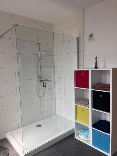 een badkamer met een douche met een glazen deur bij Mathilde in Quedlinburg