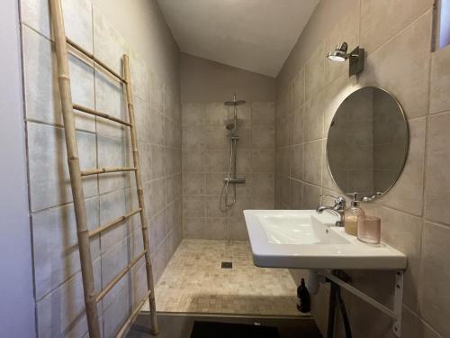 une salle de bains avec un lavabo et un miroir dans l'établissement Source Nature, à Le Mas-dʼAzil
