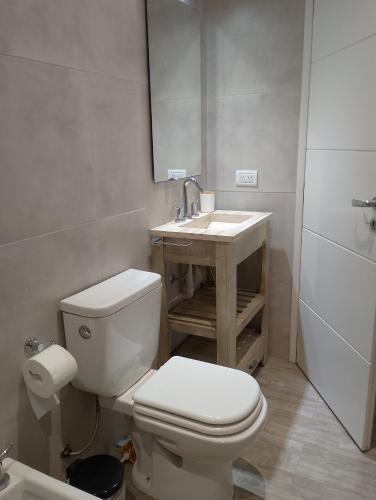 une salle de bain avec des toilettes blanches et un lavabo dans l'établissement El Estudio Céntrico con cochera, à Lobos