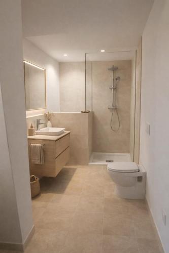 a bathroom with a toilet and a sink and a shower at Villino Giovanni New 2026 in Costa Paradiso