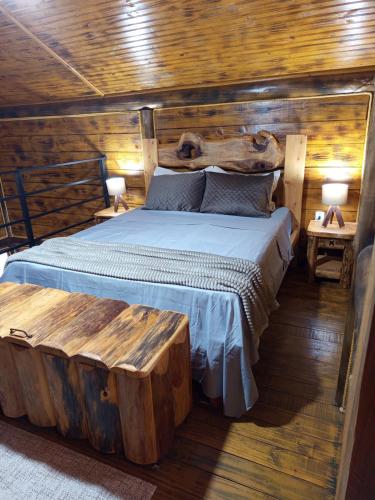 een slaapkamer met een bed en een houten wand bij Cabana Montana in Córrego do Bom Jesus