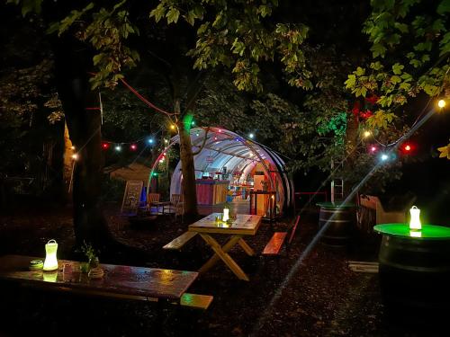 a picnic table in front of a igloo at night at Glamping De Helleborus in Groningen