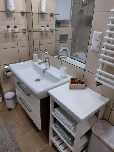 a bathroom with a sink and a mirror at W Krakowie u Helenki in Krakow