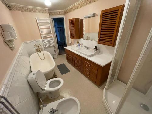 ein Badezimmer mit Toilette, Waschbecken und Dusche in der Unterkunft Spacious and charming apartment in central Storvik in Storvik