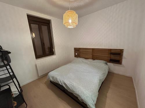a small bedroom with a bed and a chandelier at Le cocon avec Terrasse in Amiens