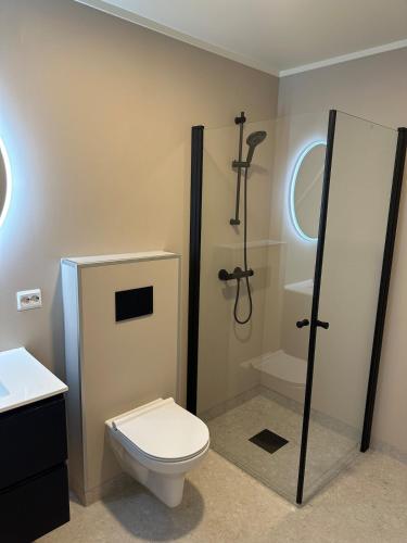 a bathroom with a toilet and a shower and a sink at New studio centrally located in Leknes in Leknes