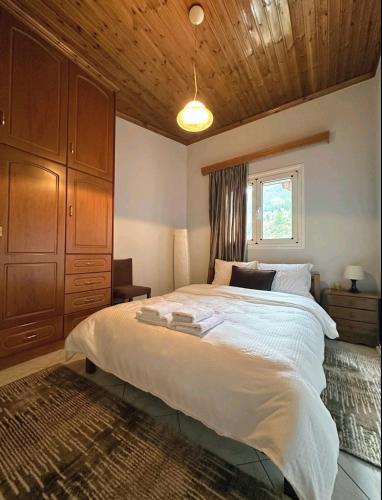 een slaapkamer met een groot bed met een houten plafond bij House by the Mountain in Konitsa