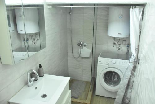 a bathroom with a washing machine and a sink at Fiko Apartment in Niš