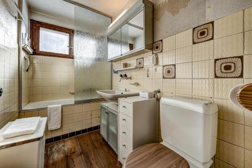 a bathroom with a sink and a toilet and a mirror at Chalet Fauvette in La Tzoumaz