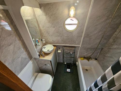 a small bathroom with a toilet and a sink and a tub at Komet Canal Boats in Nantwich