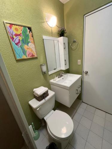 ein Badezimmer mit weißer Toilette und Waschbecken in der Unterkunft Raya apartment in Ixtapa